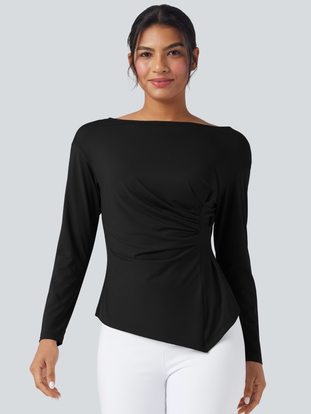 NWT HALARA Boat Neck Long Sleeve Asymmetrical Hem Slim Blouse L Black